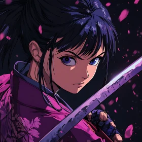 Purple-Clad Anime Swordswoman with Blossoms