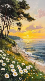 Golden Sunset Over the Ocean with Wildflowers