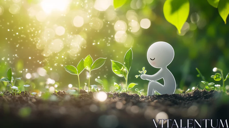 Peaceful Character with Sprouting Plant in Sunlit Nature