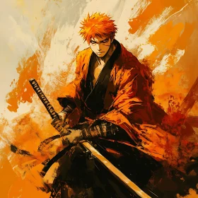 Samurai Anime Character in Bold Orange