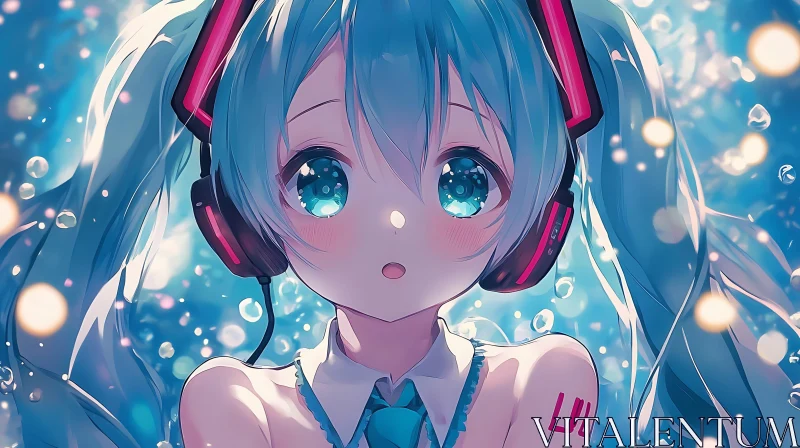 Anime Girl with Headphones and Sparkling Eyes