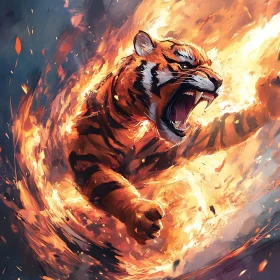 Roaring Tiger in Fiery Aura