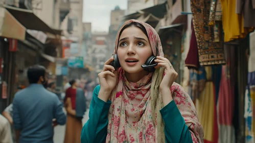 Woman with Headscarf Portrait in Crowded Street