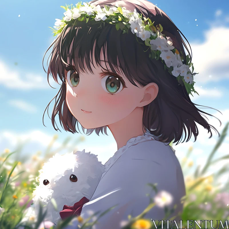 Floral-Crowned Anime Girl with Stuffed Animal