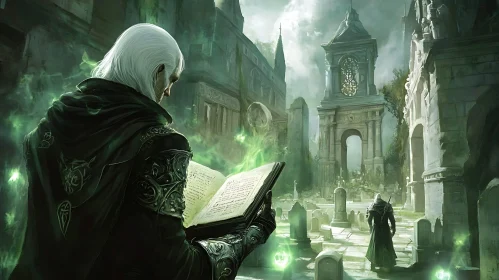 Mystic Wizard Reading Book in Graveyard