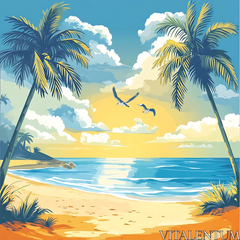 Seaside Paradise with Palm Trees and Birds