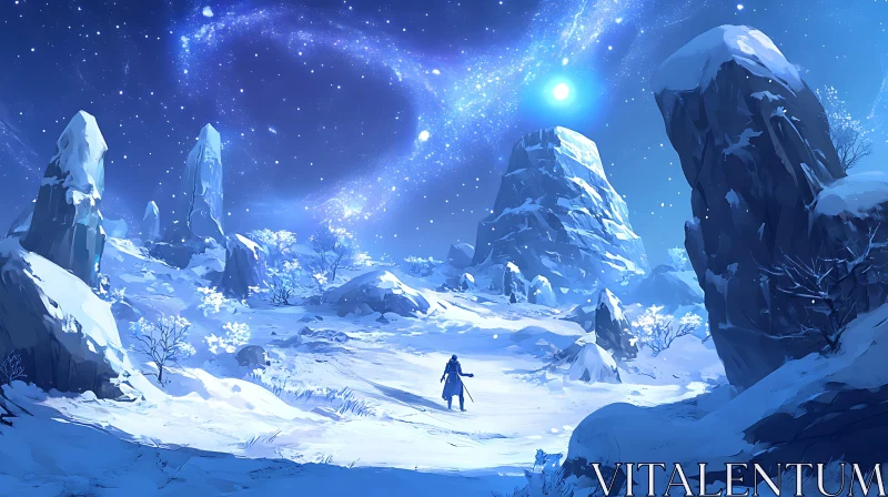 Snowy Landscape Under a Celestial Sky