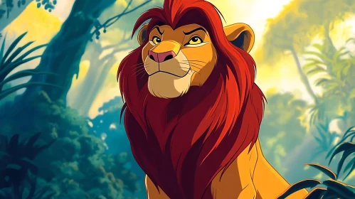 Cartoon Lion Portrait in Forest