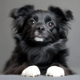 Black Fluffy Dog Portrait with White Paws