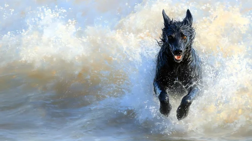 Dog Running Through Splashing Water