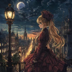 Anime Girl in Victorian Dress with Nighttime City View