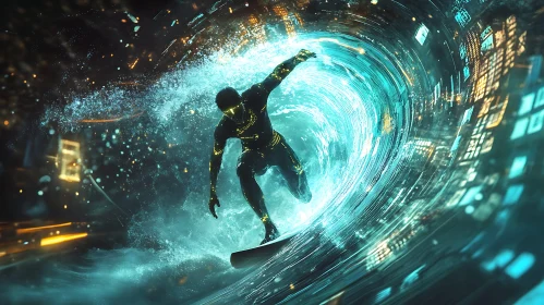 Futuristic Surfer in Neon Cityscape
