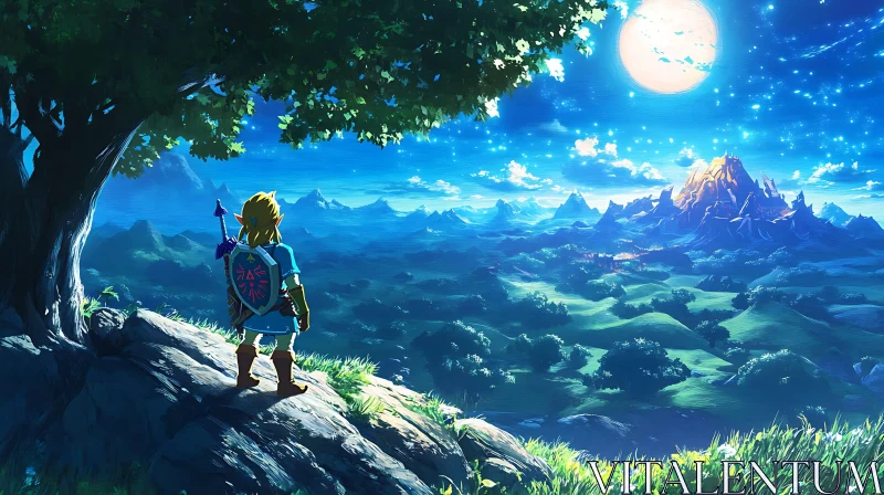 Hero's Moonlit Journey in Fantasy World