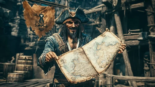 Grinning Pirate with Ancient Treasure Map