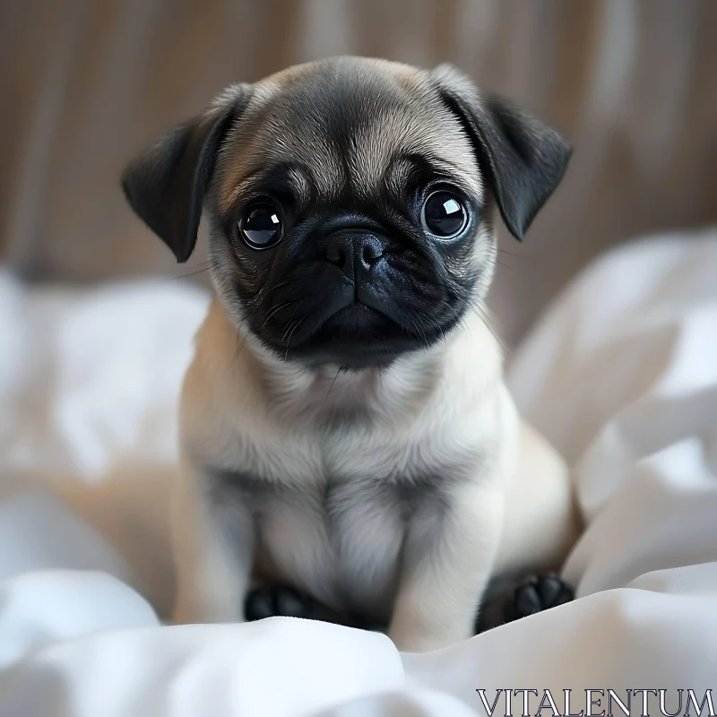 Charming Pug Puppy Sitting on White Fabric