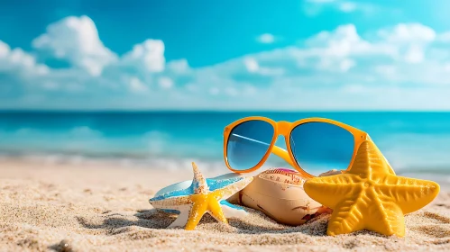 Summer Beach with Sunglasses and Starfish