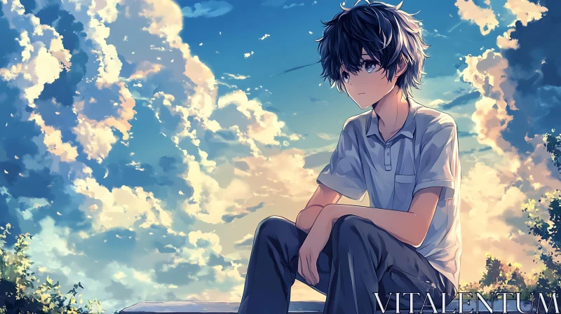 Pensive Anime Boy with Sunset Clouds