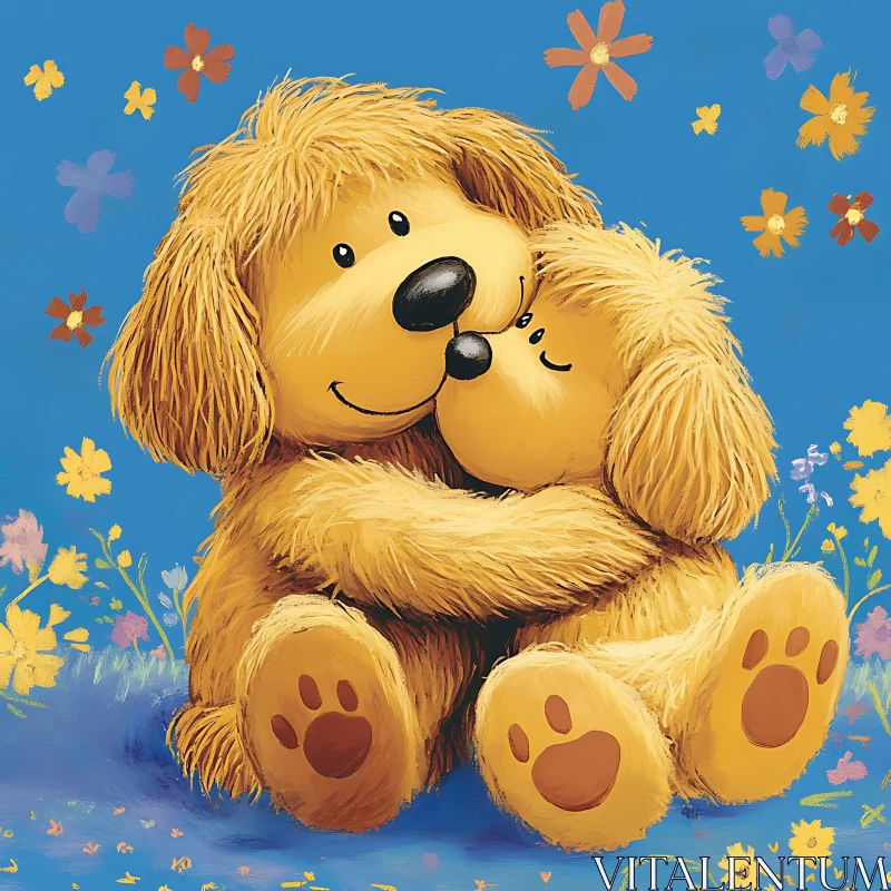 Adorable Fluffy Puppies Hugging Illustration