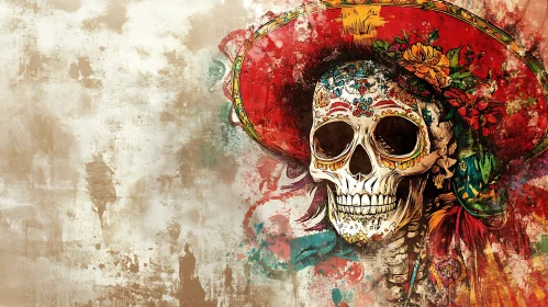 Mexican Skull Art with Floral Sombrero