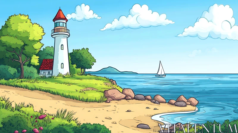 Coastal View with Lighthouse and Sailing Boat AI Image