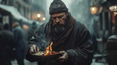 Street Scene with Man and Flames