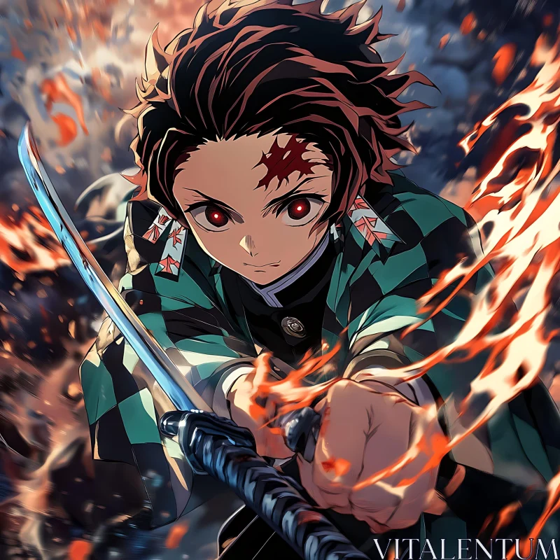Fiery Sword Wielder in Action - Anime Art