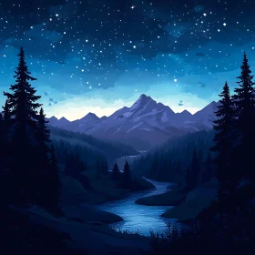 Starry Night Mountain River Scene