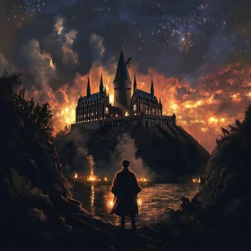 Magical Castle under Fiery Sky