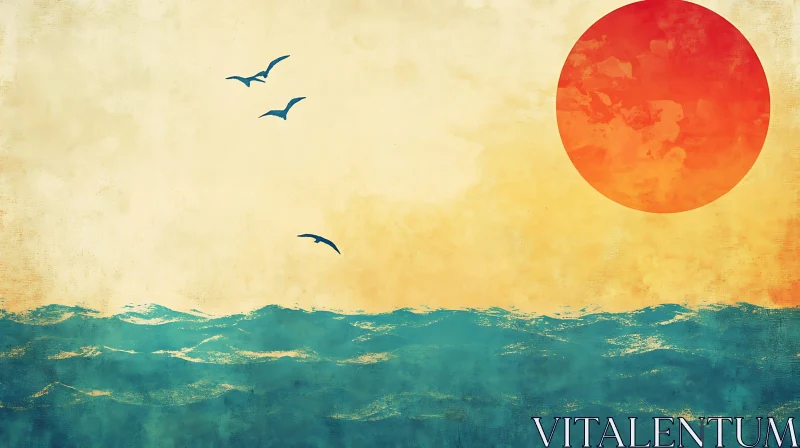 Ocean View Sunset with Birds
