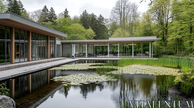 Contemporary Building by Water Lily Pond