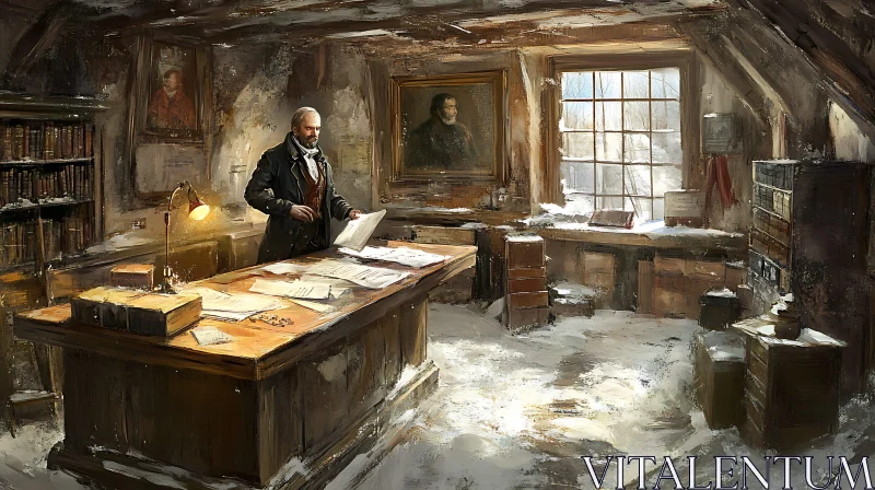 Snowy Interior with Man at Desk