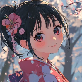 Anime Girl in Traditional Kimono with Blossom Background