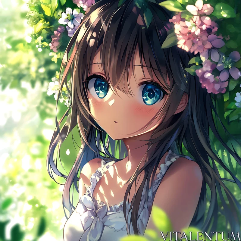 Serene Anime Girl with Blue Eyes and Flowers