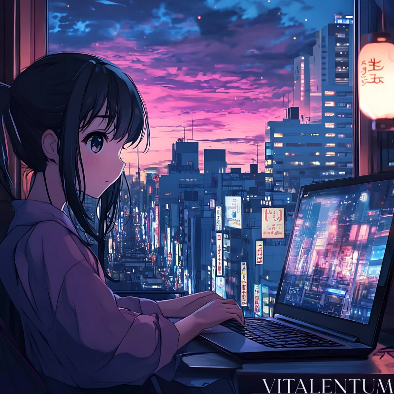 Twilight Cityscape with Anime Girl
