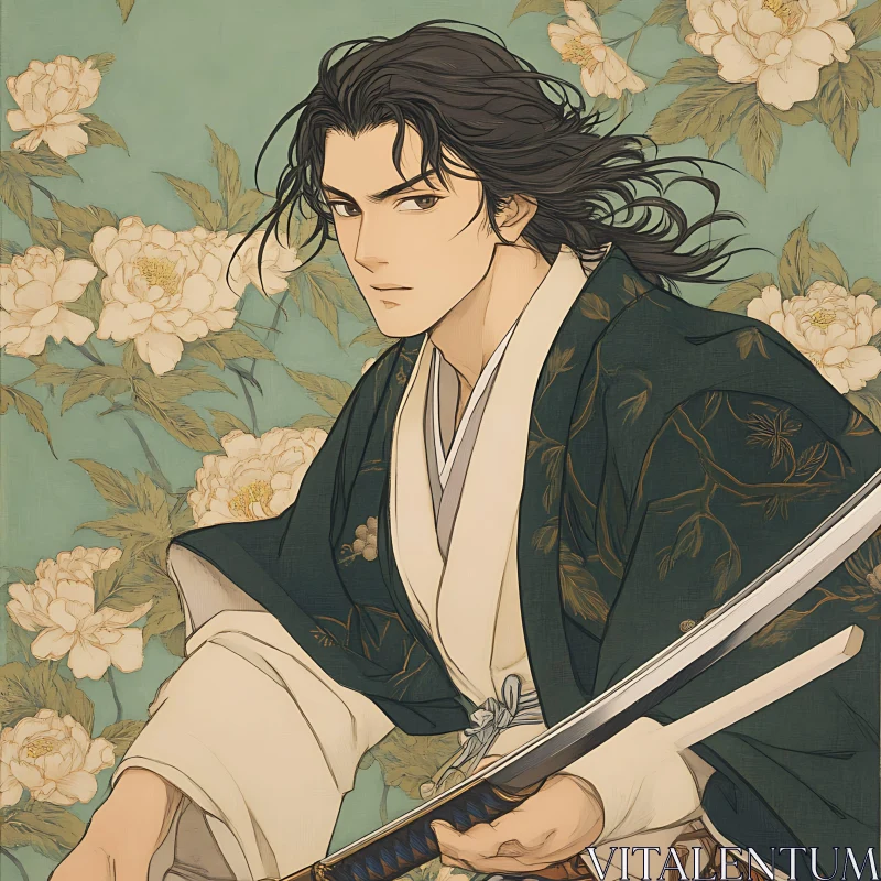 Samurai Anime Art with Peony Background