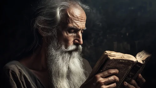 Elderly Man Reading Ancient Book in Soft Light