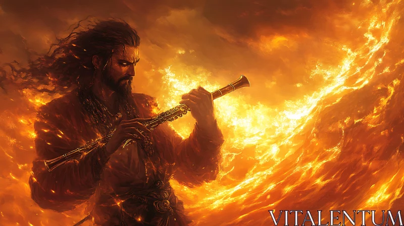 Man with Flute in Fiery Landscape