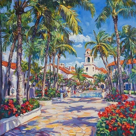 Tropical Cityscape with Palm Trees and Flowers