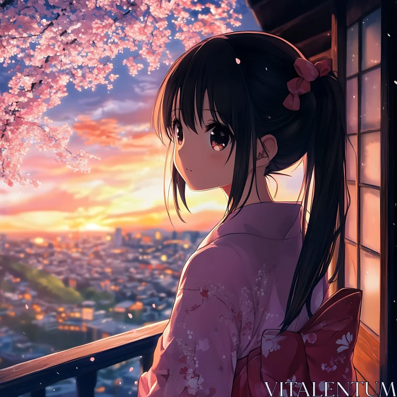 Anime Girl in Kimono During Sunset AI Image