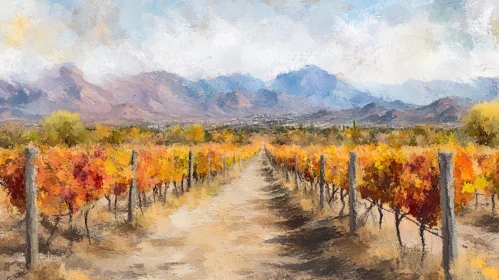 Vineyard in Autumn Colors with Mountain Backdrop