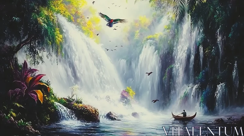 Serene Waterfall and Boat Painting