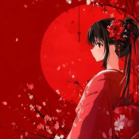 Anime Girl in Traditional Red Kimono