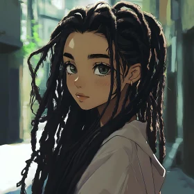 Green-Eyed Anime Girl with Dreadlocks in Urban Setting