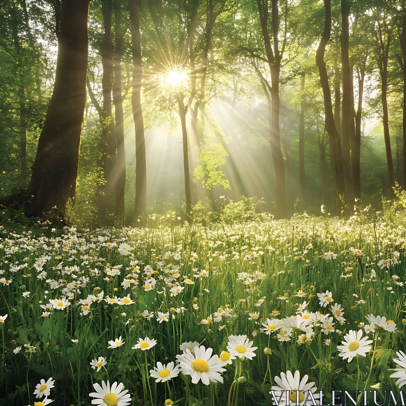 Daisies in Forest with Sunlight AI Image