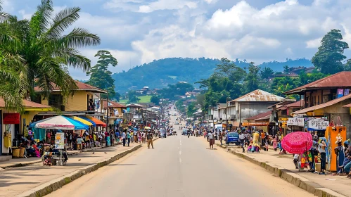 Bustling City Street Scene with Mountain View