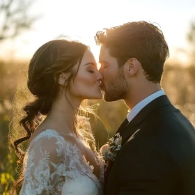 Sunlit Embrace: A Couple's Wedding Day Kiss