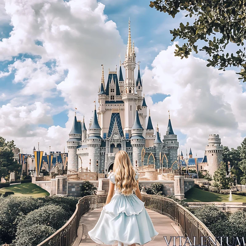 Woman in Blue Dress Approaching Castle AI Image