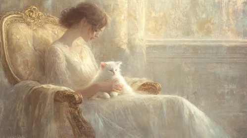 Gentle Woman and Cat in Elegant Interior