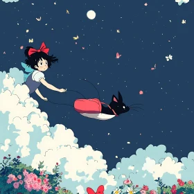 Whimsical Night Sky Adventure in Anime Illustration