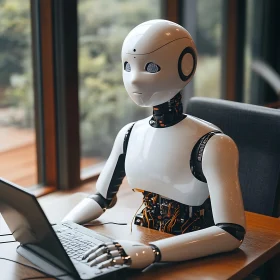 Cyborg Working on Computer Indoors